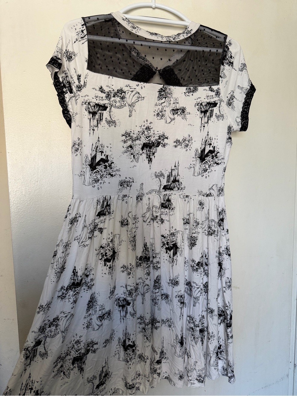 Disney Toile Print Skater Dress XL Black White Castle Mesh Lace - Picture 2 of 8